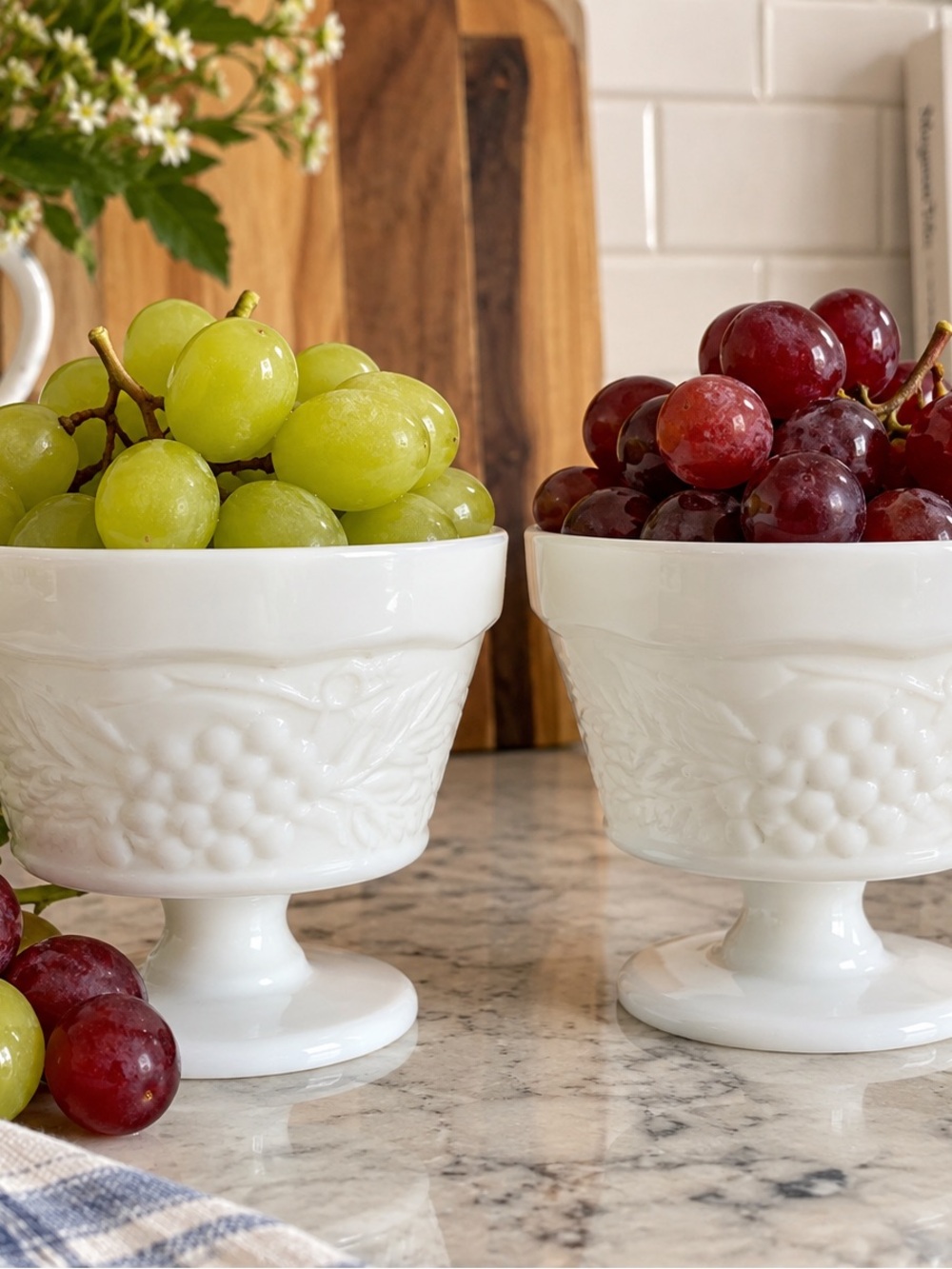 Vintage Milk Glass Grape & Leaf Pedestal Dessert Cups Compotes – Set of 2